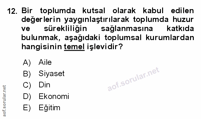 12. soru: Bir toplumda kutsal olarak kabul edilen değerlerin yaygınlaştırılarak toplumda huzur ve sürekliliğin sağlanmasına kat…