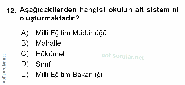 12. soru: Aşağıdakilerden hangisi okulun alt sistemini oluşturmaktadır? A) Milli Eğitim Müdürlüğü B) Mahalle C) Hükümet D) Sını…