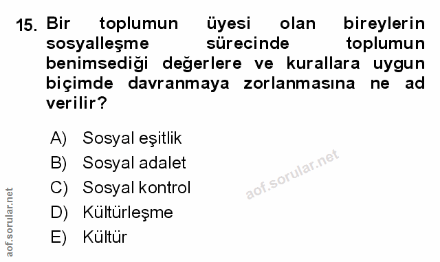 15. soru: Bir toplumun üyesi olan bireylerin sosyalleşme sürecinde toplumun benimsediği değerlere ve kurallara uygun biçimde da…