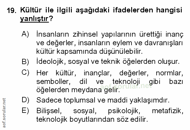 19. soru: Kültür ile ilgili aşağıdaki ifadelerden hangisi yanlıştır? A) Insanların zihinsel yapılarının ürettiği inanç ve değer…