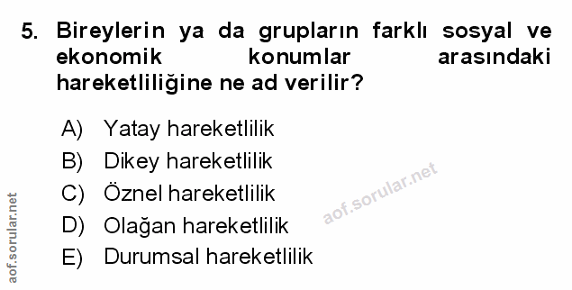 5. soru: Bireylerin ya da grupların farklı sosyal ve ekonomik konumlar arasındaki hareketliligine ne ad verilir? A) Yatay hare…