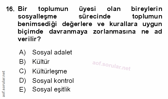 16. soru: Bir toplumun üyesi olan bireylerin sosyalleşme sürecinde toplumun benimsediği değerlere ve kurallara uygun biçimde da…