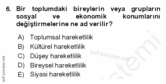 6. soru: Bir toplumdaki bireylerin veya grupların sosyal ve ekonomik konumlarını değiştirmelerine ne ad verilir? A) Toplumsal…