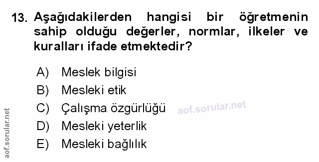 13. soru: Aşağıdakilerden hangisi bir ögretmenin sahip oldugu degerler, normlar, ilkeler ve kuralları ifade etmektedir? A) Mesl…
