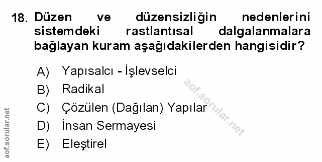 18. soru: Düzen ve düzensizliğin nedenlerini sistemdeki rastlantısal dalgalanmalara bağlayan kuram aşağıdakilerden hangisidir?…