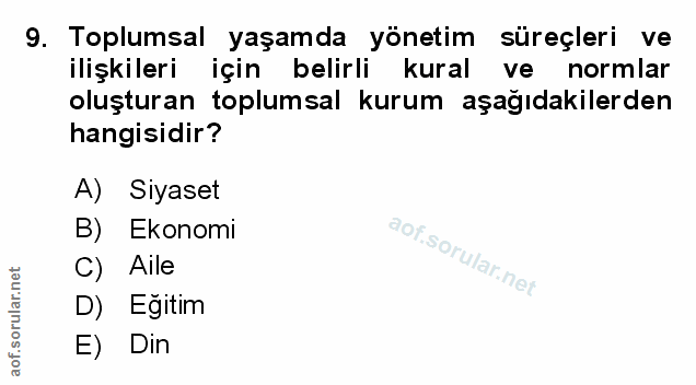 9. soru: Toplumsal yaşamda yönetim süreçleri ve ilişkileri için belirli kural ve normlar oluşturan toplumsal kurum aşağıdakile…