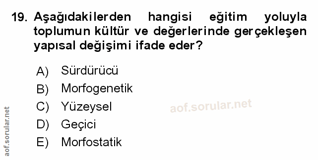 19. soru: Aşağıdakilerden hangisi eğitim yoluyla toplumun kültür ve değerlerinde gerçekleşen yapısal degişimi ifade eder? A) Sü…