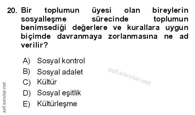 20. soru: Bir toplumun uyesi olan bireylerin sosyalleşme sürecinde toplumun benimsediği değerlere ve kurallara uygun biçimde da…