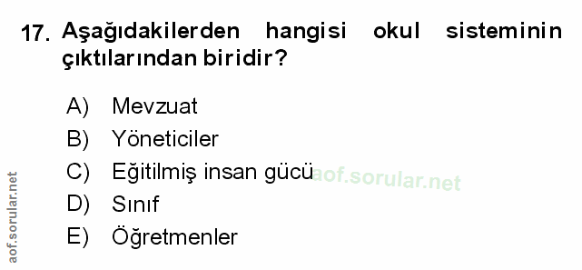 17. soru: Aşağıdakilerden hangisi okul sisteminin çıktılarından biridir? A) Mevzuat B) Yoneticiler c) Eğitilmiş insan gücü of.…