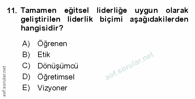 11. soru: Tamamen eğitsel liderliğe uygun olarak geliştirilen liderlik biçimi aşağıdakilerden hangisidir? A) Öğrenen B) Etik C)…