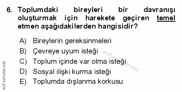6. soru: Toplumdaki bireyleri bir davranışı oluşturmak için harekete geçiren temel etmen aşağıdakilerden hangisidir? A) Bireyl…