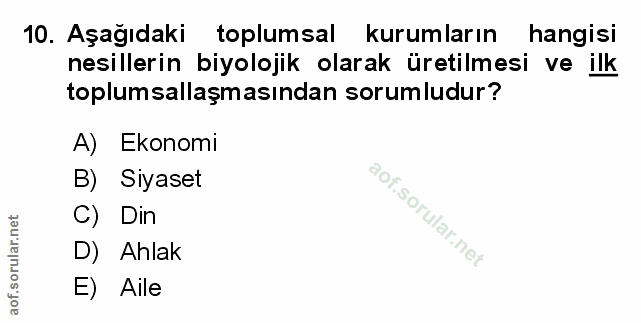 10. soru: Aşağıdaki toplumsal kurumların hangisi nesillerin biyolojik olarak üretilmesi ve ilk toplumsallaşmasından sorumludur?…