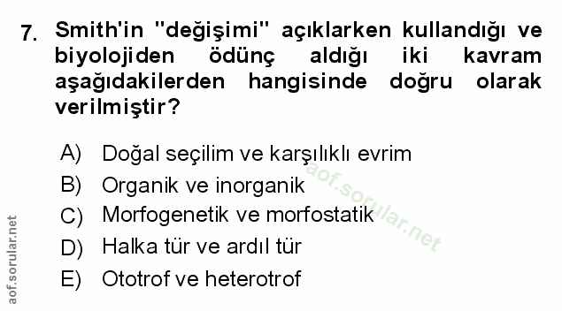 7. soru: Smith'in "değişimi" açıklarken kullandığı ve biyoloji den ödünç aldığı iki kavram aşağıdakilerden hangisinde doğru ol…