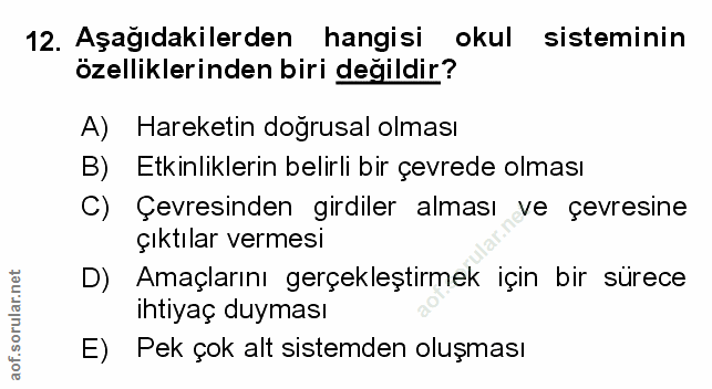 12. soru: Aşağıdakilerden hangisi okul sisteminin özelliklerinden biri değildir? A) Hareketin doğrusal olması B) Etkinliklerin…