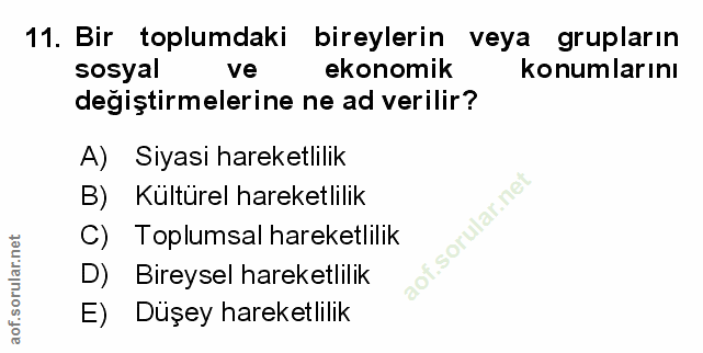 11. soru: Bir toplumdaki bireylerin veya grupların sosyal ve ekonomik konumlarını degiştirmelerine ne ad verilir? A) Siyasi har…