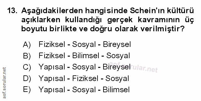 13. soru: Aşağıdakilerden hangisinde Schein'ın kültürü açıklarken kullandığı gerçek kavramının üç boyutu birlikte ve doğru olar…