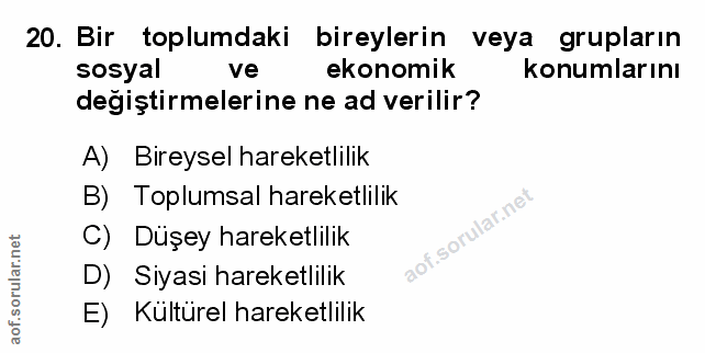 20. soru: Bir toplumdaki bireylerin veya grupların sosyal ve ekonomik konumlarını degiştirmelerine ne ad verilir? A) Bireysel h…