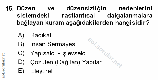 15. soru: Düzen ve düzensizligin nedenlerini sistemdeki rastlantısal dalgalanmalara bağlayan kuram aşağıdakilerden hangisidir?…