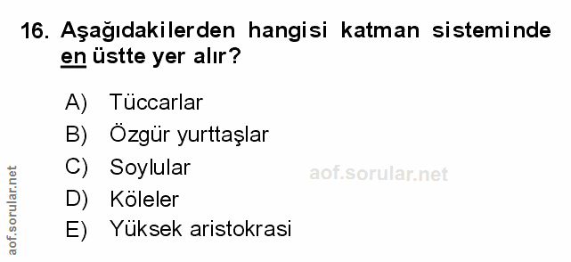 16. soru: Aşağıdakilerden hangisi katman sisteminde en üstte yer alır? A) Tüccarlar B) Özgür yurttaşlar C) Soylular D) Koleler…