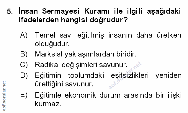 5. soru: Insan Sermayesi Kuramı ile ilgili aşağıdaki ifadelerden hangisi doğrudur? A) Temel savı egitilmiş insanın daha uretke…