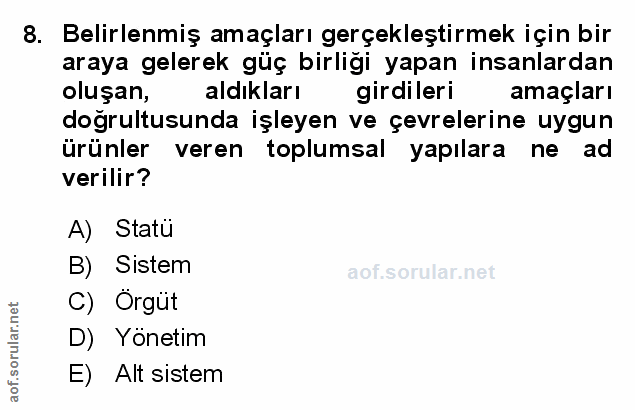 8. soru: Belirlenmiş amaçları gerçekleştirmek için bir araya gelerek güç birliği yapan insanlardan oluşan, aldıkları girdileri…
