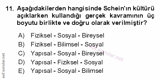 11. soru: Aşağıdakilerden hangisinde Schein'ın kültürü açıklarken kullandığı gerçek kavramının üç boyutu birlikte ve dogru olar…