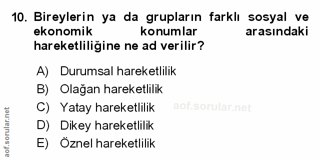 10. soru: Bireylerin ya da grupların farklı sosyal ve ekonomik konumlar arasındaki hareketliligine ne ad verilir? A) Durumsal h…