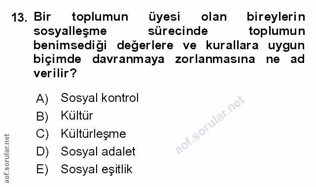 13. soru: Bir toplumun uyesi olan bireylerin sosyalleşme sürecinde toplumun benimsediği değerlere ve kurallara uygun biçimde da…