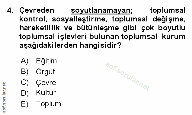 4. soru: Çevreden soyutlanamayan; toplumsal kontrol, sosyalleştirme, toplumsal değişme, hareketlilik ve bütünleşme gibi çok bo…