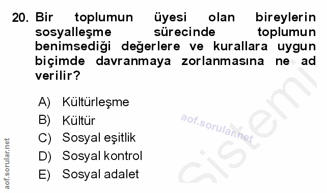 20. soru: Bir toplumun üyesi olan bireylerin sosyalleşme sürecinde toplumun benimsediği değerlere ve kurallara uygun biçimde da…
