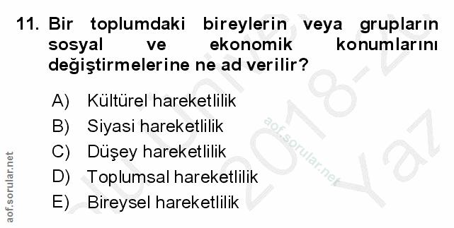 11. soru: Bir toplumdaki bireylerin veya grupların sosyal ve ekonomik konumlarını degiştirmelerine ne ad verilir? A) Kültürel h…