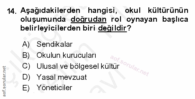 14. soru: Aşağıdakilerden hangisi, okul kültürünün oluşumunda doğrudan rol oynayan başlıca belirleyicilerden biri değildir? A)…