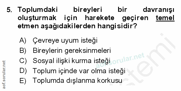 5. soru: Toplumdaki bireyleri bir davranışı oluşturmak için harekete geçiren temel etmen aşağıdakilerden hangisidir? A) Çevrey…