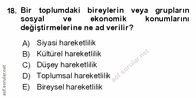18. soru: Bir toplumdaki bireylerin veya grupların sosyal ve ekonomik konumlarını değiştirmelerine ne ad verilir? A) Sıyasi har…