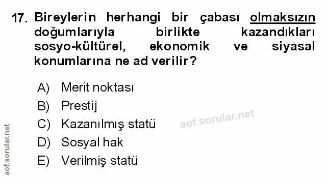 17. soru: Bireylerin herhangi bir çabası olmaksızın dogumlarıyla birlikte kazandıkları sosyo-kültürel, ekonomik ve siyasal konu…