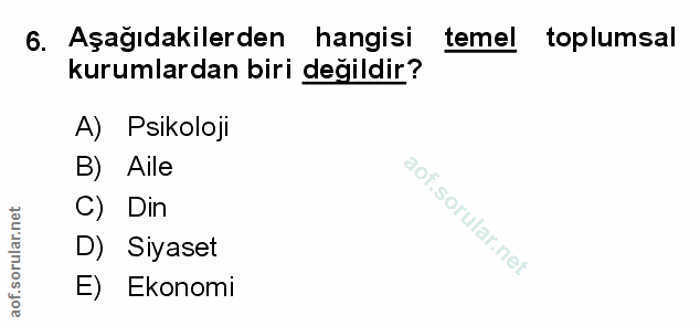 6. soru: Aşağıdakilerden hangisi temel toplumsal kurumlardan biri değildir? A) Psikoloji B) Aile C) Din D) Siyaset E) Ekonomi