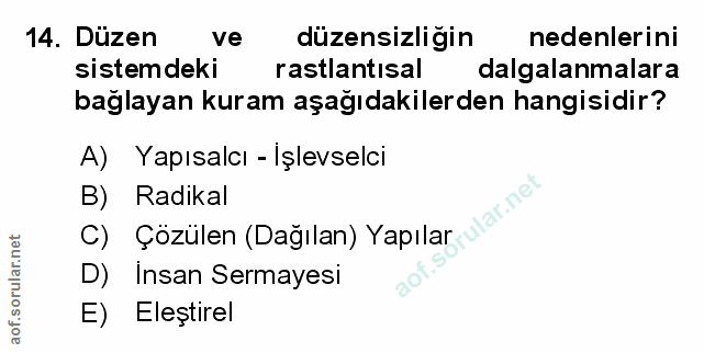 14. soru: Düzen ve düzensizliğin nedenlerini sistemdeki rastlantısal dalgalanmalara bağlayan kuram aşağıdakilerden hangisidir?…