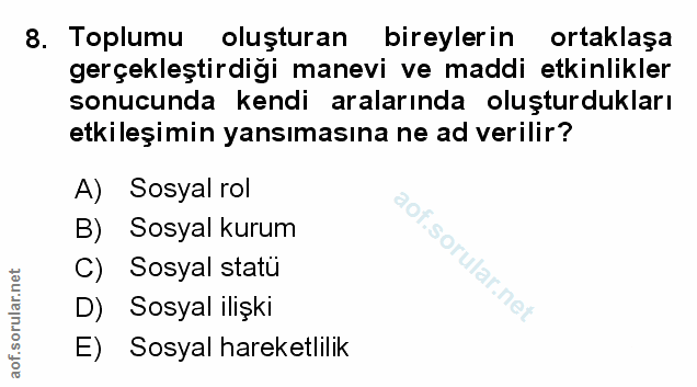 8. soru: Toplumu oluşturan bireylerin ortaklaşa gerçekleştirdiği manevi ve maddi etkinlikler sonucunda kendi aralarında oluştu…