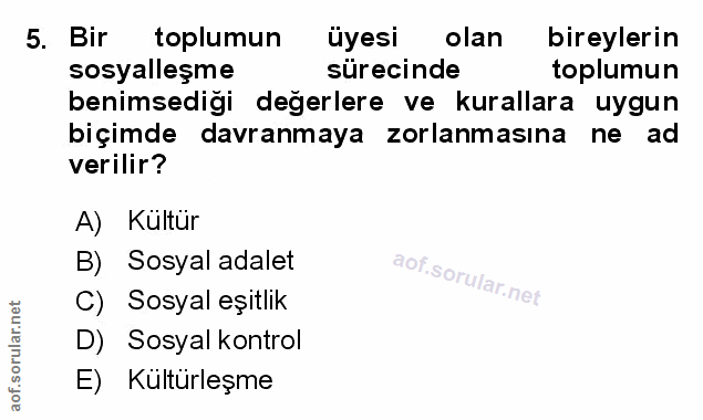 5. soru: Bir toplumun üyesi olan bireylerin sosyalleşme sürecinde toplumun benimsediği değerlere ve kurallara uygun biçimde da…