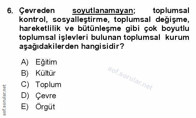 6. soru: Çevreden soyutlanamayan; toplumsal kontrol, sosyalleştirme, toplumsal değişme, hareketlilik ve bütünleşme gibi çok bo…