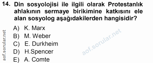 14. soru: Din sosyolojisi ile ilgili olarak Protestanlık ahlakının sermaye birikimine katkısını ele alan sosyolog aşağıdakilerd…