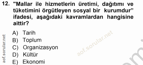 12. soru: "Mallar ile hizmetlerin üretimi, dağıtımı ve tüketimini örgütleyen sosyal bir kurumdur" ifadesi, aşağıdaki kavramlard…