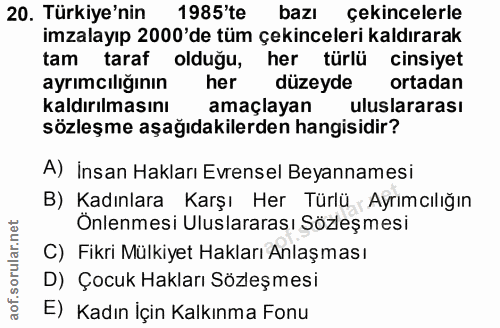 20. soru: Türkiye'nin 1985'te bazı çekincelerle imzalayıp 2000'de tüm çekinceleri kaldırarak tam taraf olduğu, her türlü cinsiy…