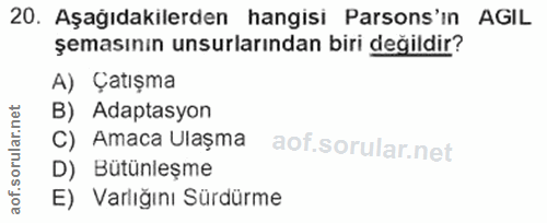 20. soru: Aşağıdakilerden hangisi Parsons'ın AGIL şemasının unsurlarından biri değildir? A) Çatışma B) Adaptasyon C) Amaca Ulaş…