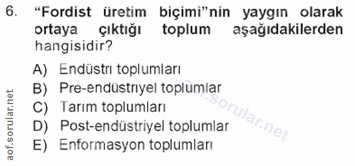6. soru: "Fordist üretim biçimi"nin yaygın olarak ortaya çıktığı toplum aşağıdakilerden hangisidir? A) Endüstri toplumları B)…