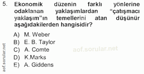 5. soru: Ekonomik düzenin farklı yönlerine odaklanan yaklaşımlardan "çatışmacı yaklaşım"ın temellerini atan düşünür aşağıdakil…