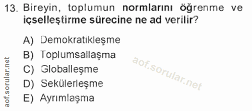 13. soru: Bireyin, toplumun normlarını öğrenme ve içselleştirme sürecine ne ad verilir? A) Demokratıkleşme B) Toplumsallaşma C)…