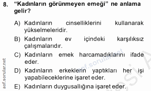 8. soru: "Kadınların görünmeyen emeği" ne anlama gelir? A) Kadınların cinselliklerini kullanarak yükselmeleridir. B) Kadınları…