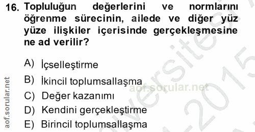 16. soru: Topluluğun değerlerini ve normlarını öğrenme sürecinin, ailede ve diğer yüz yüze ilişkiler içerisinde gerçekleşmesine…