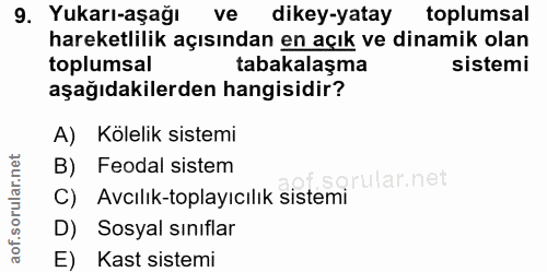 9. soru: Yukarı-aşağı ve dikey-yatay toplumsal hareketlilik açısından en açık ve dinamik olan toplumsal tabakalaşma sistemi aş…
